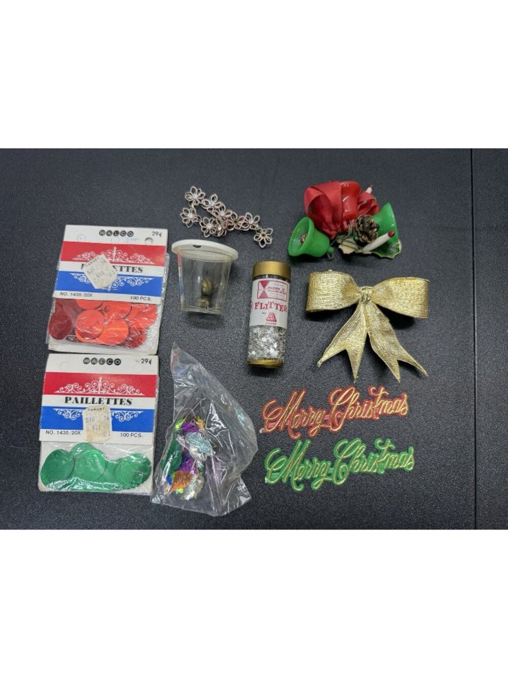 Lot of Vintage Christmas Craft Supplies Bells Bow Paillettes Flitter